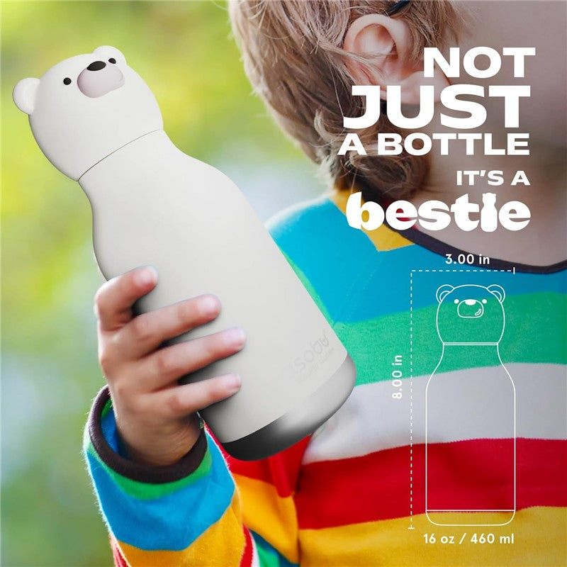 Asobu stainless steel water bottle with a silicone bear head, held by a child in a colorful striped sweater.