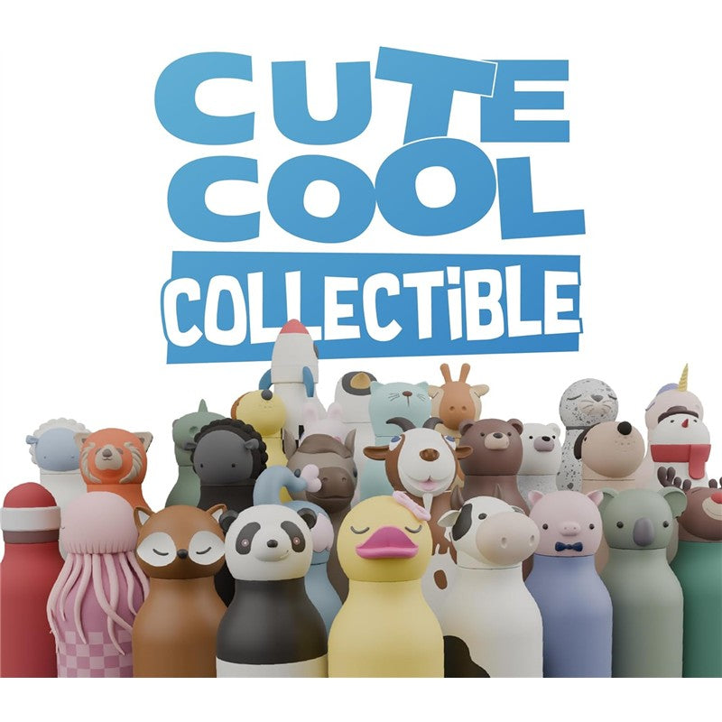 Asobu Stainless Steel Water Bottle featuring a silicone bear head among various colorful animal-themed designs.