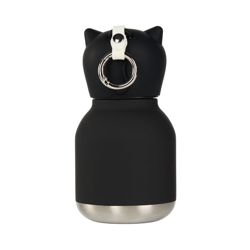 Stainless steel bottle with a silicone cat head lid and metal ring, featuring a matte black finish and silver base.