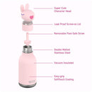 Stainless steel water bottle in pink with a bunny head lid, flexible straw, and descriptions of features.