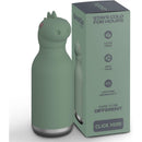 Stainless steel water bottle with a silicone dinosaur head, featuring a green finish and a box highlighting key benefits.