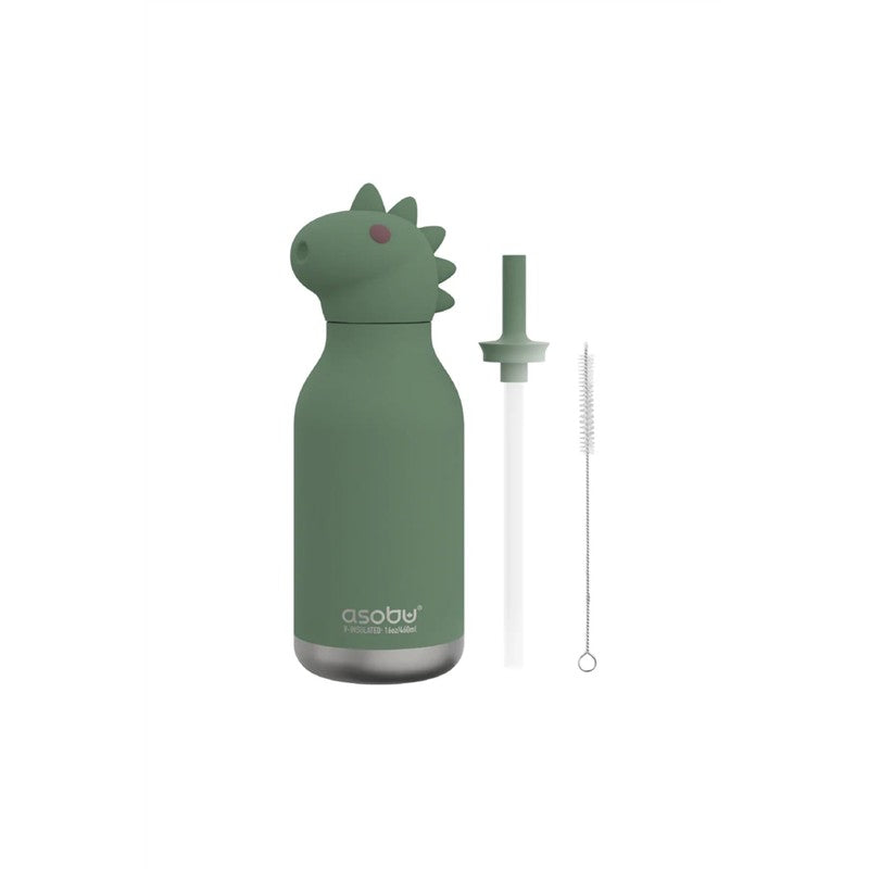 Asobu stainless steel water bottle in green with a silicone dinosaur head, includes a straw and cleaning brush.