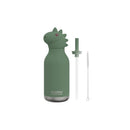 Asobu stainless steel water bottle in green with a silicone dinosaur head, includes a straw and cleaning brush.