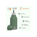 Asobu stainless steel water bottle in green with a silicone dinosaur head and a flexible straw, showcasing insulation features.