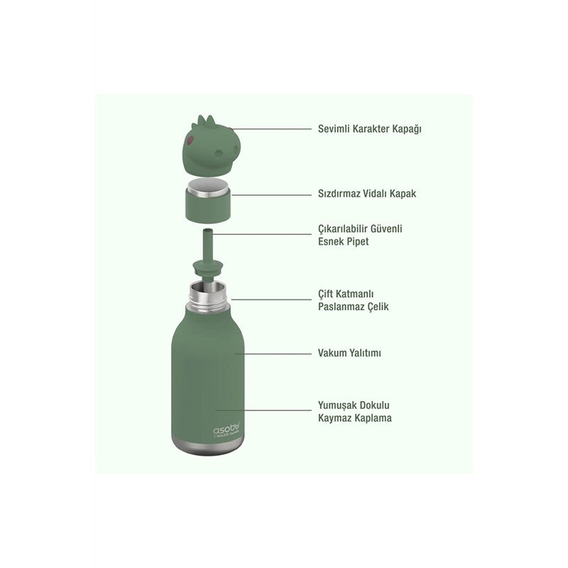 Asobu stainless steel water bottle with a silicone dinosaur head cap, featuring a removable straw and double-walled insulation.