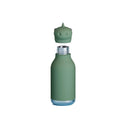 Asobu stainless steel water bottle with a green silicone dinosaur head lid and a clear base.