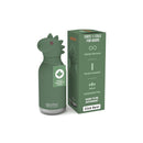 Stainless steel water bottle with a silicone dinosaur head, shown with its packaging and features including “vacuum insulated” and “lifetime warranty.”