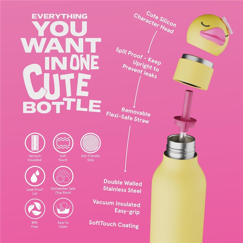 Asobu Stainless Steel Water Bottle with a silicone ducky head, featuring a removable straw, spill-proof design, and kid-friendly grip.