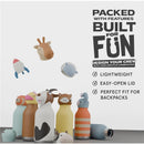 Asobu stainless steel water bottles with playful silicone animal heads, showcasing features like lightweight design and easy-open lids.