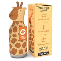 Stainless steel bottle styled as a giraffe with a silicone head, featuring a product box with insulation details.