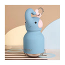 Stainless steel bottle designed as a light blue elephant with a silicone head and keychain, featuring a smiling face.