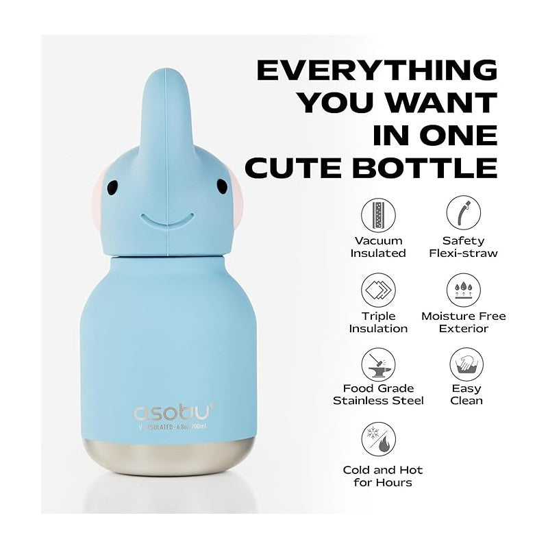 Stainless steel blue bottle with a cute elephant head, featuring a flexi-straw and multiple insulation benefits.