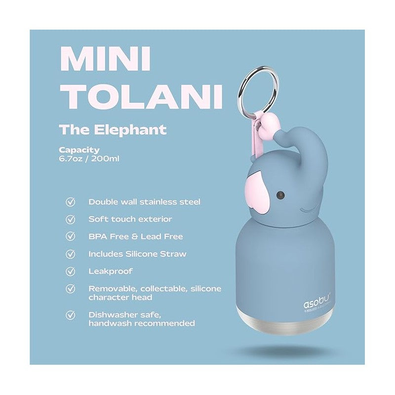 Stainless steel bottle in elephant design, features removable silicone head and straw, capacity 6.7oz, BPA free.