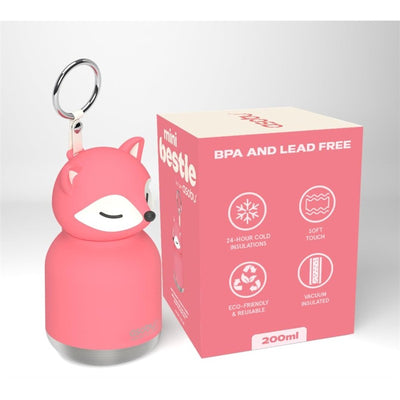 Stainless steel mini bottle shaped like a pink fox, 200ml capacity, BPA-free, with a soft-touch finish and a packaging box.