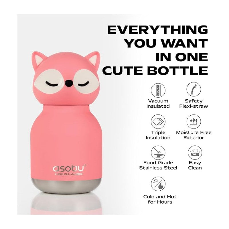 Stainless steel water bottle in the shape of a pink fox, featuring vacuum insulation and a flexi-straw.