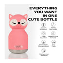 Stainless steel water bottle in the shape of a pink fox, featuring vacuum insulation and a flexi-straw.