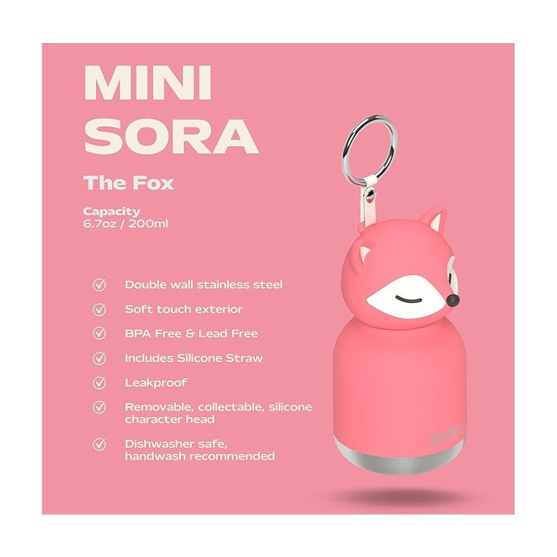 Stainless steel pink fox bottle with silicone head, 6.7oz capacity, leakproof, includes silicone straw, and BPA free.