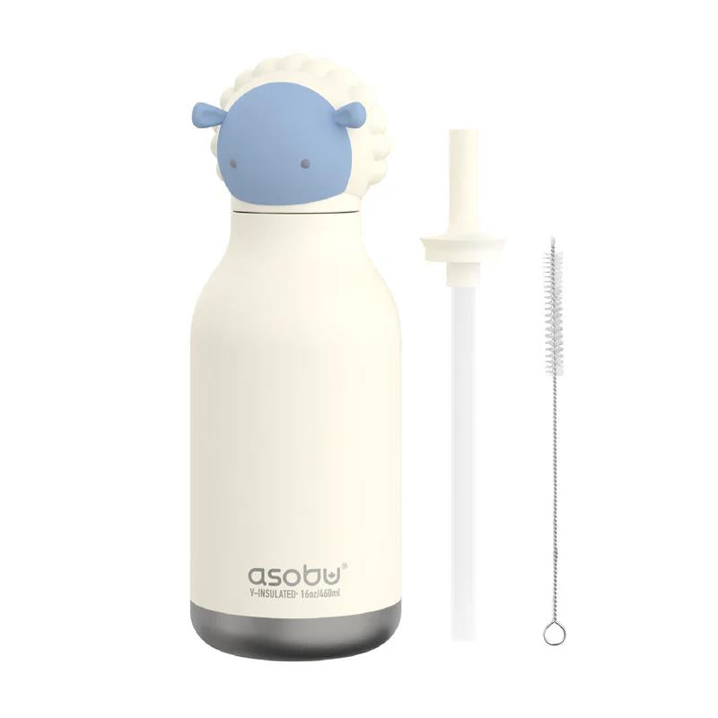 Stainless steel bottle with silicone sheep head, including a straw and a cleaning brush, by Asobu.
