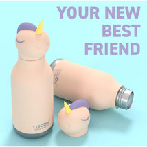 Stainless steel Asobu bottle with a silicone unicorn head, accompanied by a smaller unicorn figure, against a pastel background.