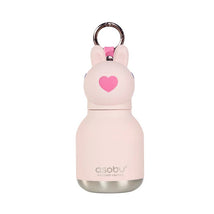Stainless steel mini bottle with a pink silicone bunny head and heart design, featuring a keyring attachment.