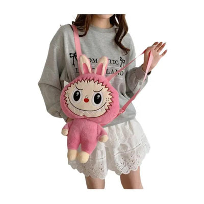 Auraquise - Kids Girls Labubu Soft Plush Backpack Large-Capacity Character Doll Bag Hot Pink Image 1