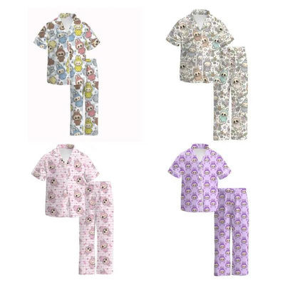 Soft and cozy Auraquise Labubu Print Fall Pajama Set featuring short sleeves and long pants in pink, decorated with playful animal prints.