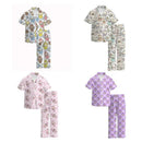 Short sleeve and long pants pajama set featuring colorful animal prints in four styles: blue, pink, gray, and purple.