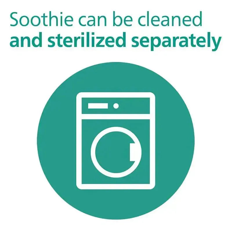 Soothie can be cleaned and sterilized separately, with a graphic of a washing machine.