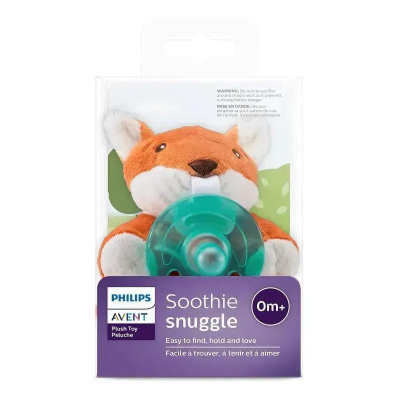 Avent 1-pack Soothie Snuggle, featuring a plush fox and pacifier, suitable for infants 0 months and older.