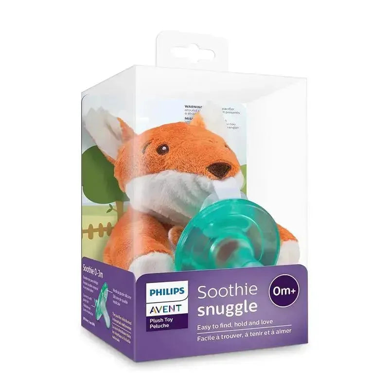 Avent Soothie Snuggle, a plush fox toy with a teal pacifier, designed for infants 0 months and older.