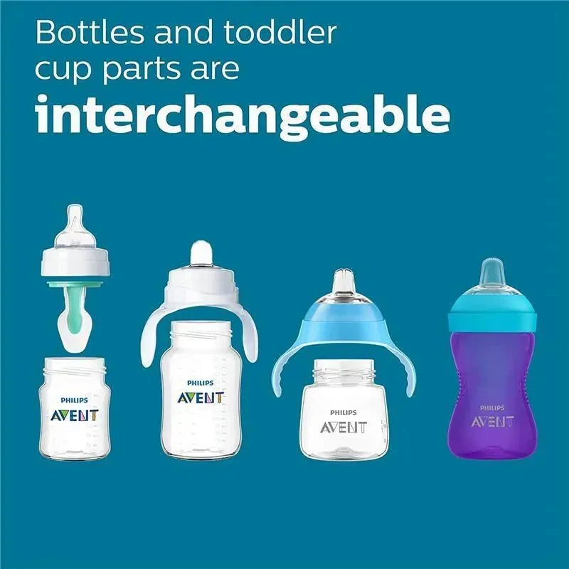 Clear Avent baby bottles and toddler cups featuring interchangeable parts, labeled with the Avent logo.