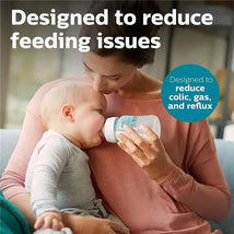 A mother gently feeds a baby with a clear Avent anti-colic bottle, emphasizing comfort and reducing feeding issues.