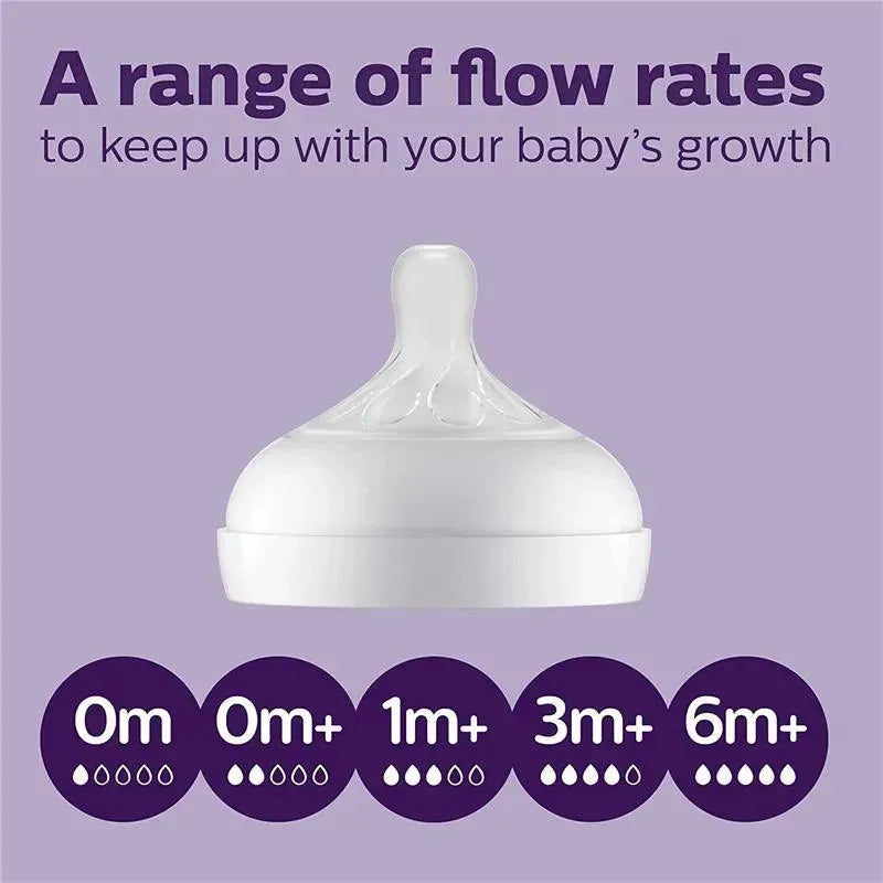 Natural response nipple with flow rates for ages 0m, 0m+, 1m+, 3m+, and 6m+ on a purple background.