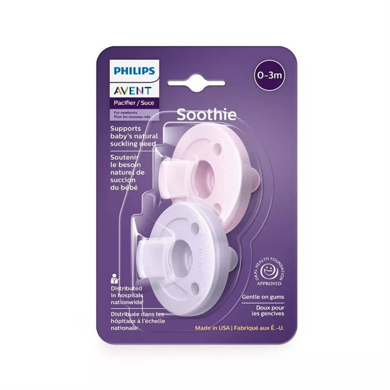 Avent Soothie pacifiers in fresh lilac and pastel pink, designed for newborns, support natural sucking needs.