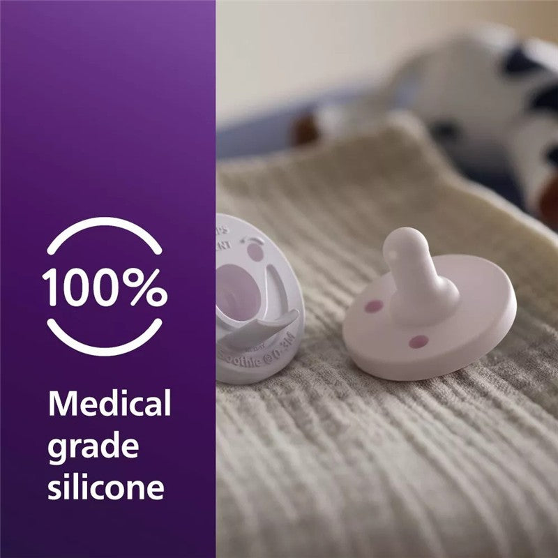 Avent 2Pk Soothie pacifier in fresh lilac and pastel pink, made of 100% medical grade silicone, displayed on a soft background.