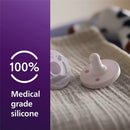 Avent 2Pk Soothie pacifier in fresh lilac and pastel pink, made of 100% medical grade silicone, displayed on a soft background.