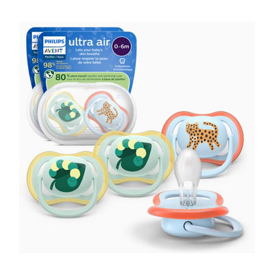 Avent 2Pk Ultra Air Pacifier for 0-6 months featuring butterfly and leopard designs, promotes skin breathability.