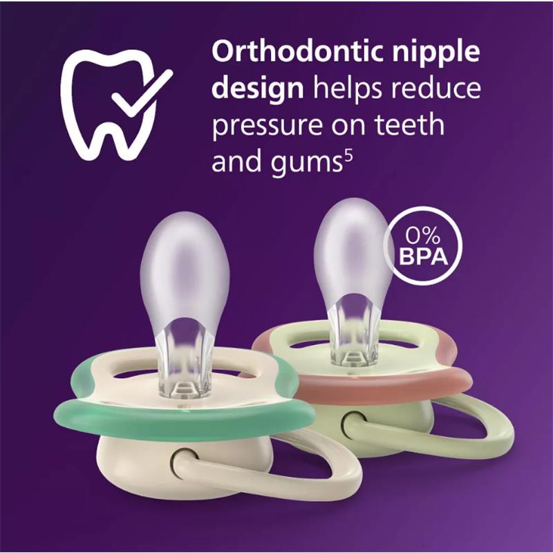 Avent 2Pk Ultra Air Pacifier for 6-18 months, featuring an orthodontic nipple design and 0% BPA, in leopard print and tropical colors.