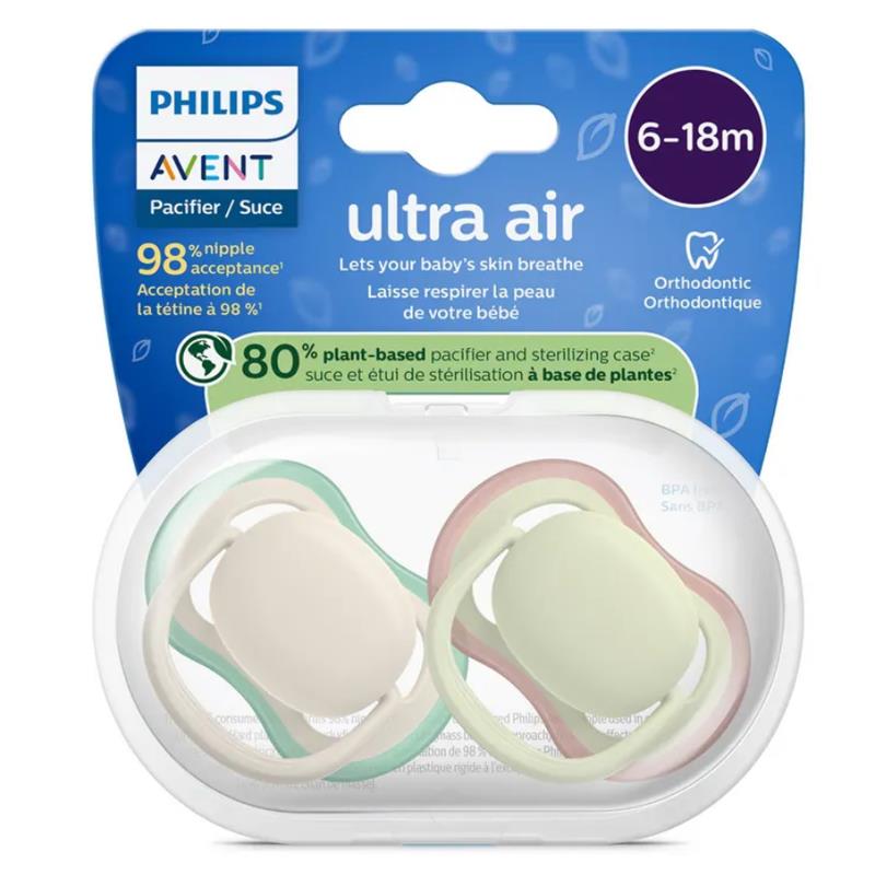 Avent Ultra Air pacifiers for 6-18 months in sand and pastel warm green, with a sterilizing case and 80% plant-based material.