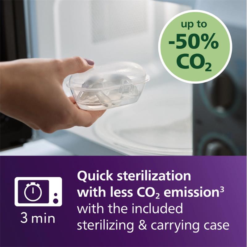 Avent Ultra Soft Pacifier in a sterilizing case, highlighting quick sterilization time and reduced CO2 emissions.
