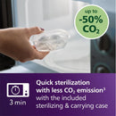 Avent Ultra Soft Pacifier in a sterilizing case, highlighting quick sterilization time and reduced CO2 emissions.