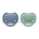 Avent 2Pk Ultra Soft Pacifiers in blue and desert green, designed for infants aged 6-18 months.
