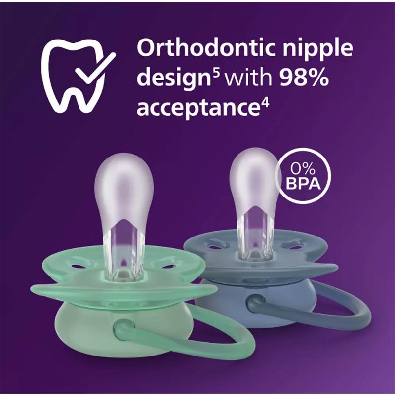Avent 2Pk Ultra Soft Pacifier in blue and desert green, featuring orthodontic nipple design, 0% BPA, and 98% acceptance.