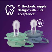 Avent 2Pk Ultra Soft Pacifier in blue and desert green, featuring orthodontic nipple design, 0% BPA, and 98% acceptance.