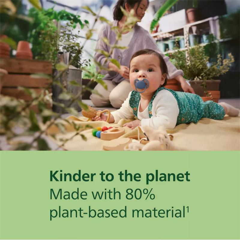 Baby playing on a mat with a blue pacifier, surrounded by toys and plants, highlighting eco-friendly packaging.