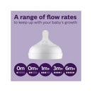 Natural response nipple for Avent baby bottles, shown with flow rate indicators for different age stages.