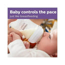 Avent 9oz baby bottle with natural response nipple held by a caregiver, feeding a baby, accompanied by promotional text.