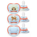 Three Avent pacifiers designed for ages 6-18 months feature animal designs: a sleeping tiger, a leopard, and a plain blue design.