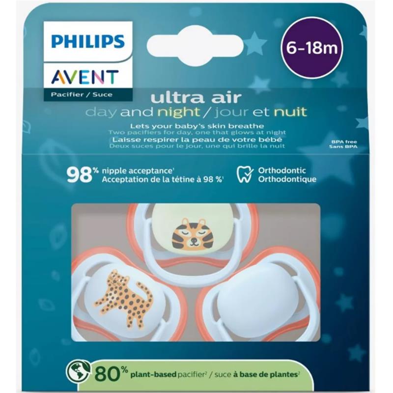 Avent 3Pk Ultra Air Pacifier set for 6-18 months featuring leopard and sleeping tiger designs, BPA free and 80% plant-based.