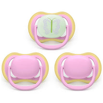 Avent 3-pack ultra air pacifiers for ages 6-18 months in quiet pink and butterfly design, featuring soft silicone teats.